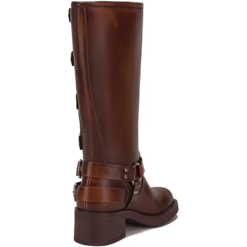 🆕Women's Polyurethane Brown Squared Toe Knee High Tall Riding Motorcycle Boots